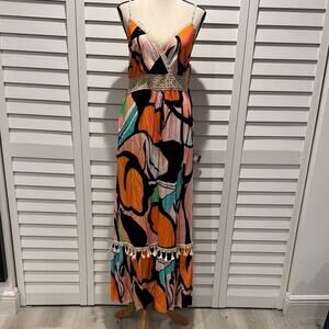 New Collection Multicolor Maxi Dress with Tassel Accents and embroidered waist.